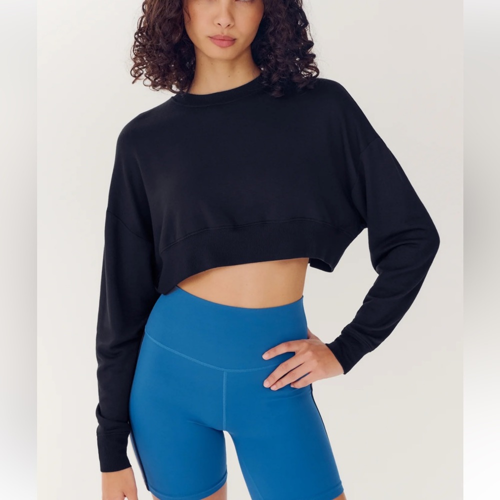 Black Cropped Noah Long Sleeve Fleece Top Lightweight for Women